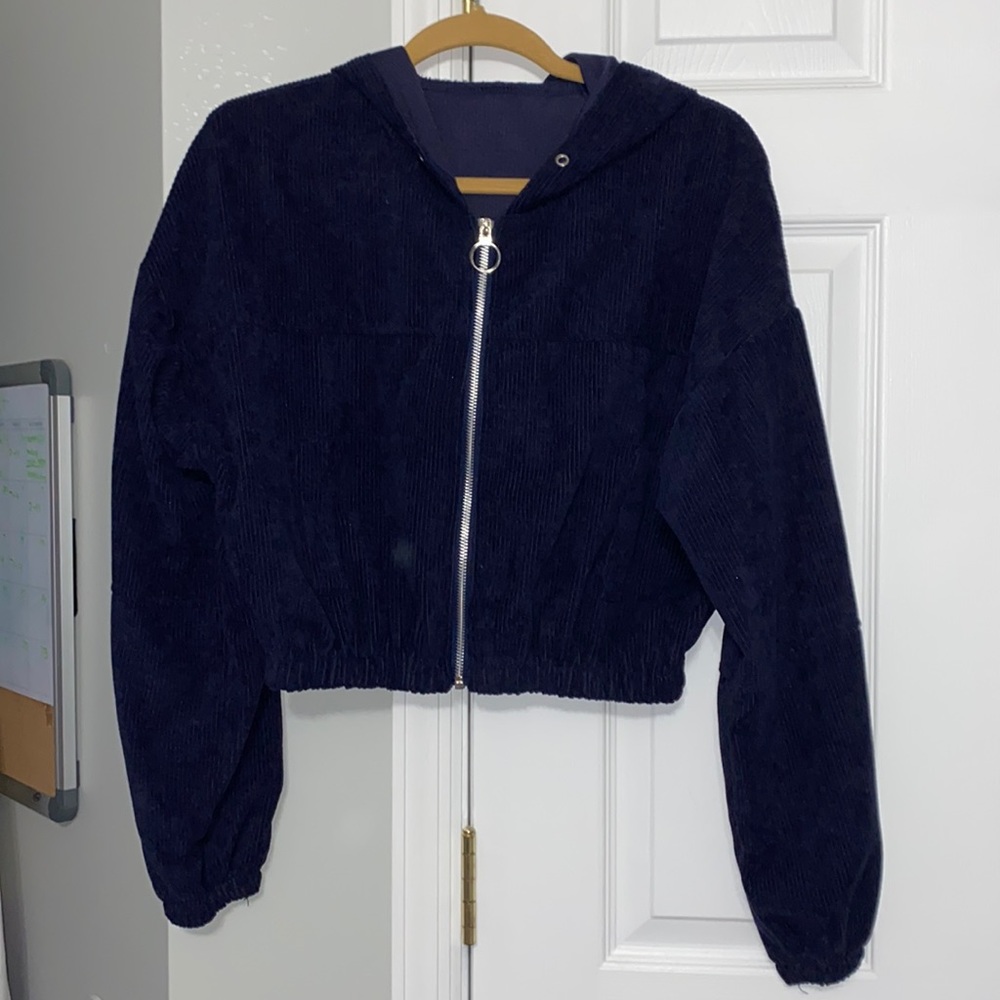 navy corduroy cropped zip up hoodie